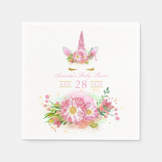 Pink and Gold Floral Unicorn Girl Baby Shower Napkin (Front)