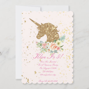 Pink and gold Floral unicorn girl birthday  Invitation