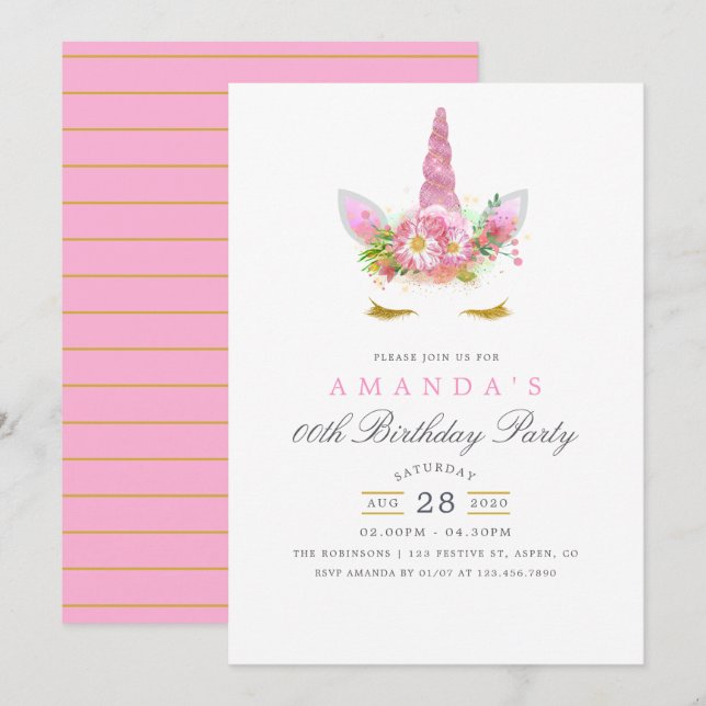 Pink and Gold Floral Unicorn Girl Birthday Party Invitation (Front/Back)