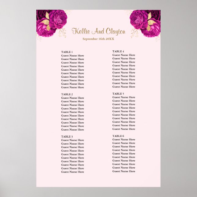 Pink And Gold Floral Wedding Seating Chart (Front)