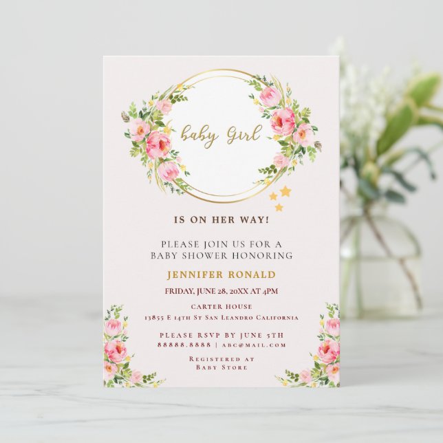 Pink and Gold flower Baby girl baby shower  Invitation (Standing Front)