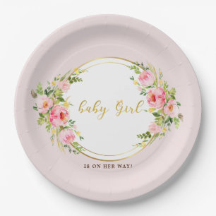 Pink and Gold flower Baby girl baby shower Paper Plate