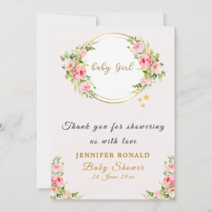 Pink and Gold flower Baby girl baby shower Thank You Card