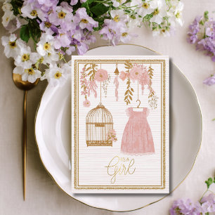 Pink and Gold Flower Birdcage Baty Girl Birth  Announcement