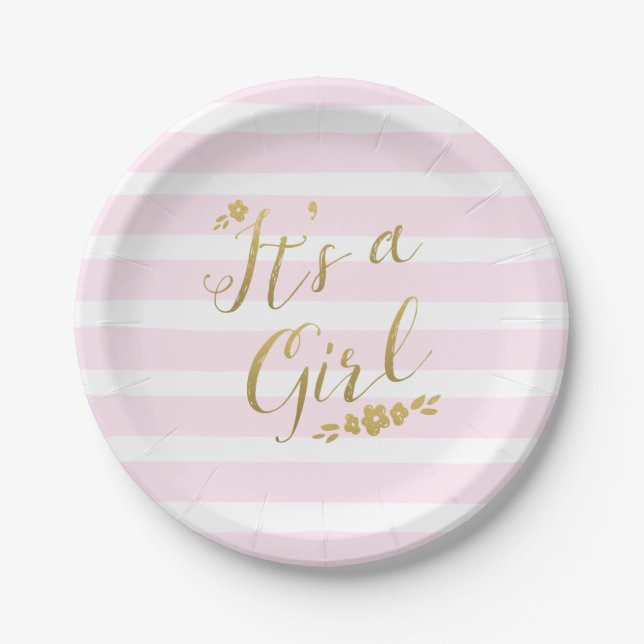Pink and Gold Flower Stripes Baby Shower Paper Plate (Front)