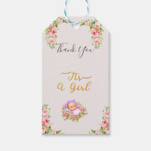 Pink and Gold Flower theme its a girl baby shower Gift Tags