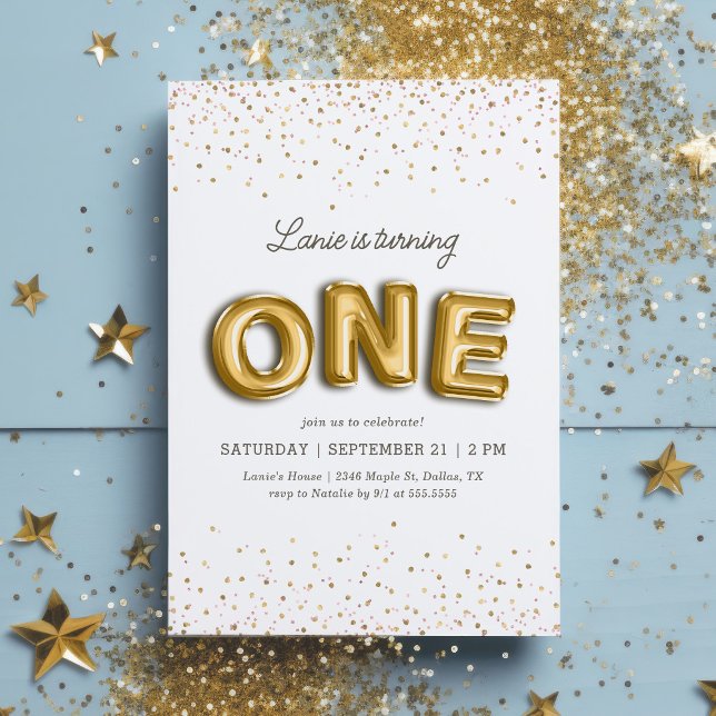 Pink and Gold Foil Balloon Glitter 1st Birthday Invitation (Creator Uploaded)