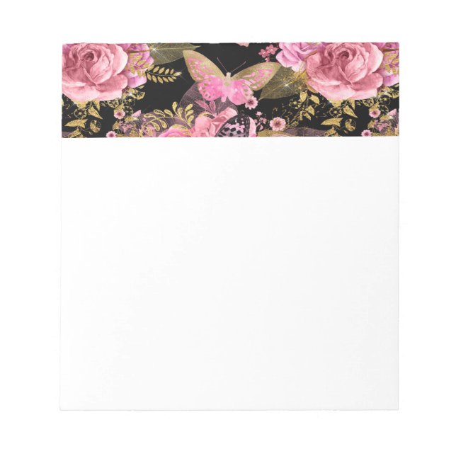 Pink and Gold Foil Floral Butterfly Pattern Notepad (Front)