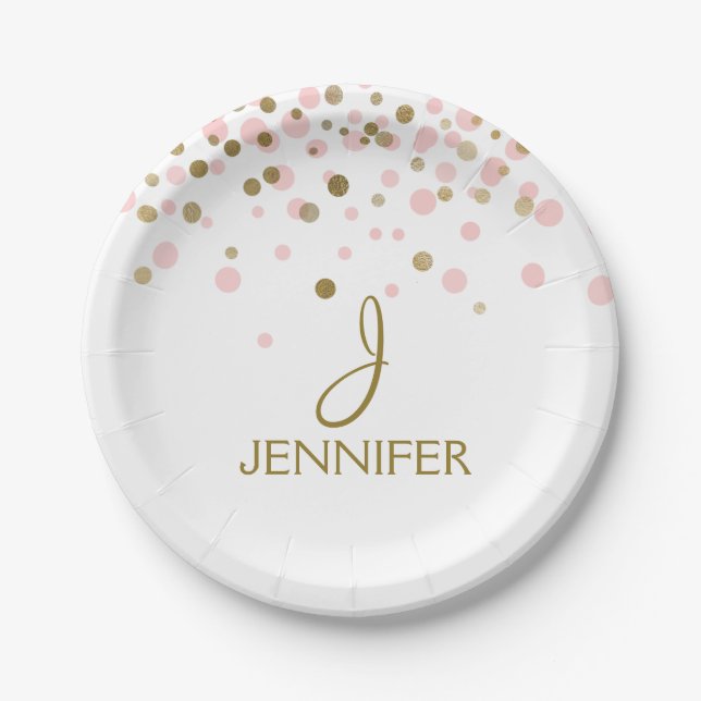 Pink and Gold Foil Girly Confetti Monogram Paper Plate (Front)