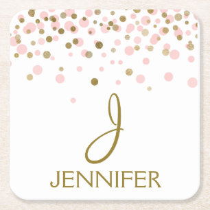 Pink and Gold Foil Girly Confetti Monogram Square Paper Coaster