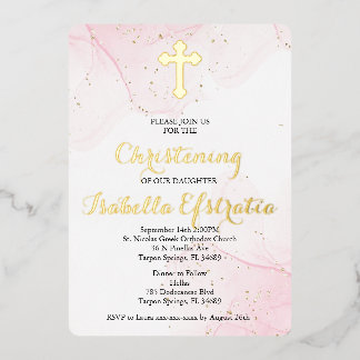 Pink and Gold Foil Marble Christening Invite