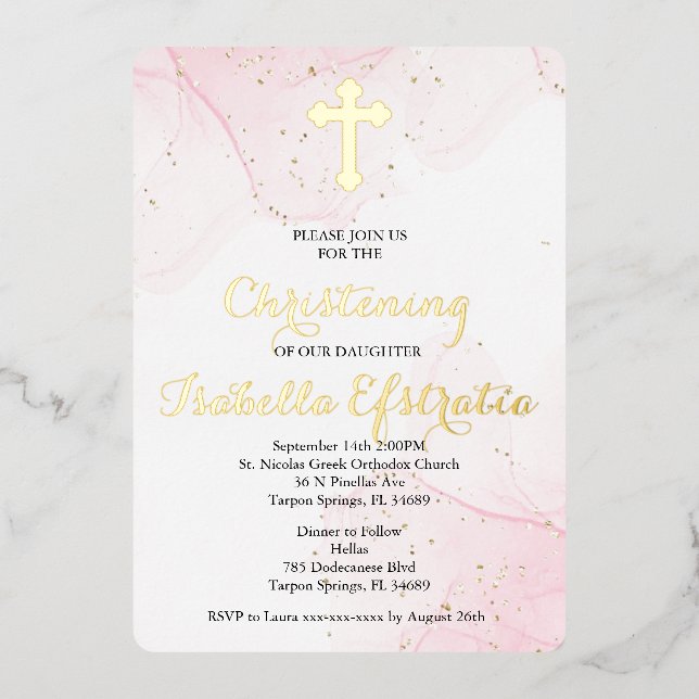 Pink and Gold Foil Marble Christening Invite (Front)