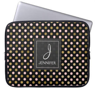 Pink and Gold Foil Polka Dot Pattern Monogram Laptop Sleeve