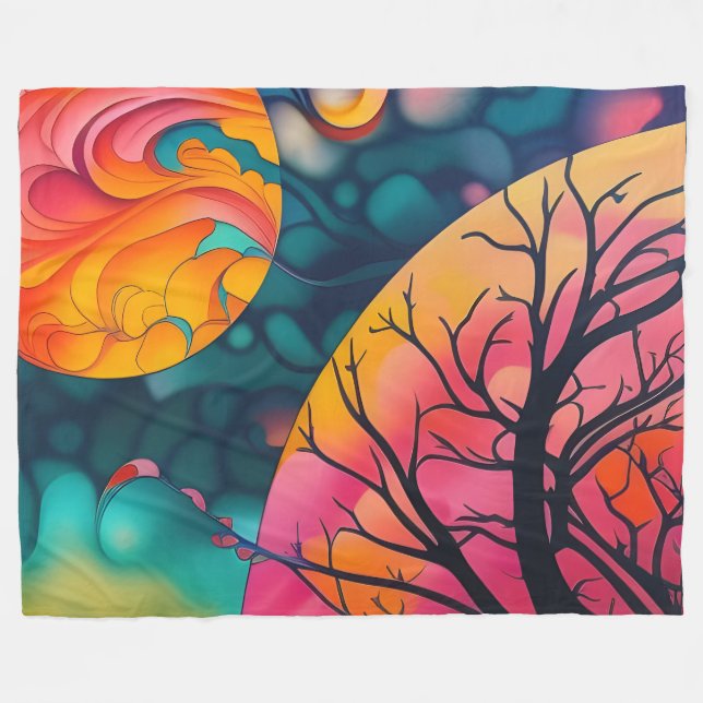 pink and gold full moon Tree Silhouette Fleece Blanket (Front (Horizontal))