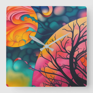 pink and gold full moon Tree Silhouette Square Wall Clock