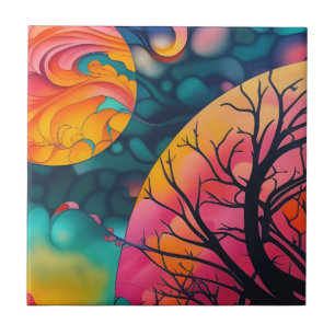 pink and gold full moon Tree Silhouette Tile