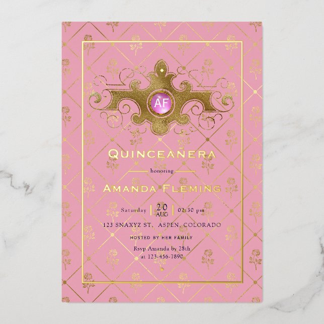 Pink and Gold Gemstone Quinceañera Monogram (Front)