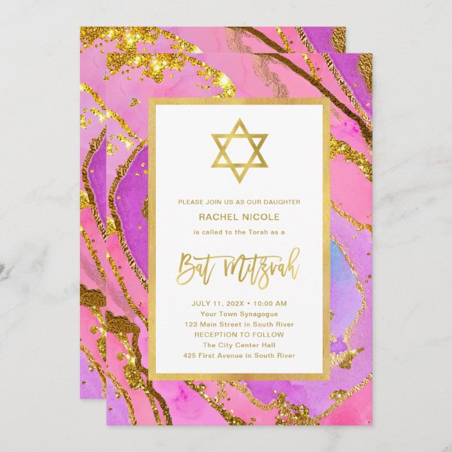 Pink and Gold Geode | Star of David Bat Mitzvah Invitation (Front/Back)
