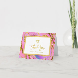 Pink and Gold Geode Star of David Bat Mitzvah Thank You Card