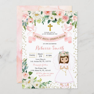 Pink and Gold Girl First Holy Communion Invitation