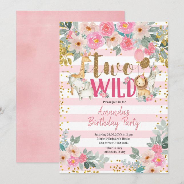 Pink and Gold Girl Two Wild Birthday Invitation (Front/Back)