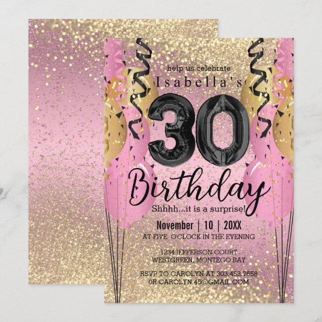 Pink and Gold Glitter 30th Birthday  Invitation (Front/Back)