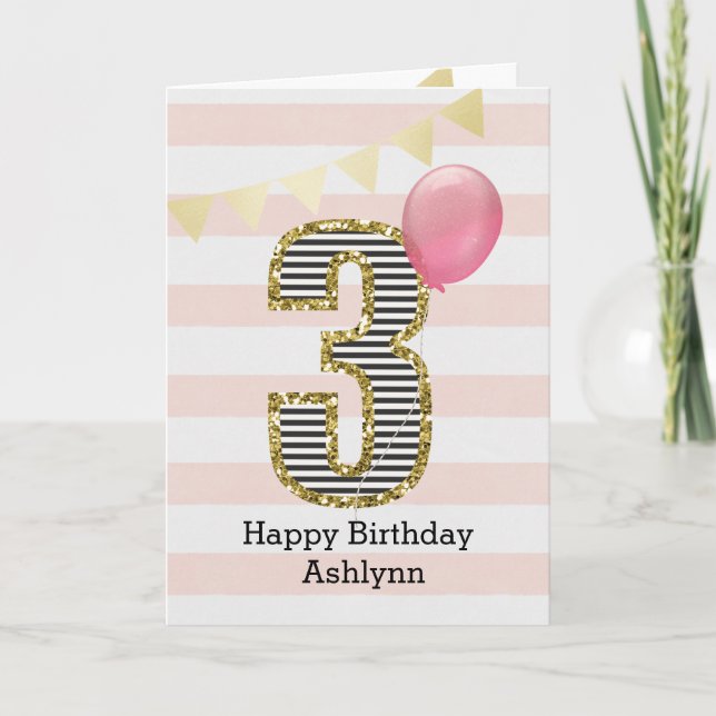 Pink and Gold Glitter 3rd Birthday Girl Card (Front)