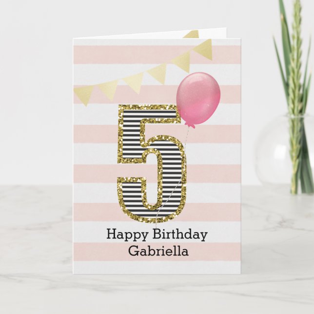 Pink and Gold Glitter 5th Birthday Girl Card (Front)
