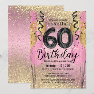 Pink and Gold Glitter 60th Birthday Invitation