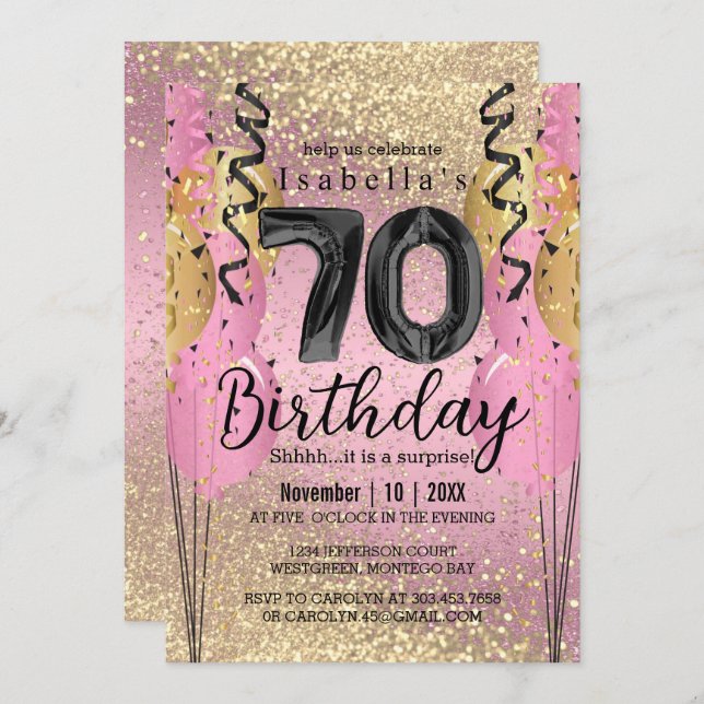 Pink and Gold Glitter 70th Birthday  Invitation (Front/Back)