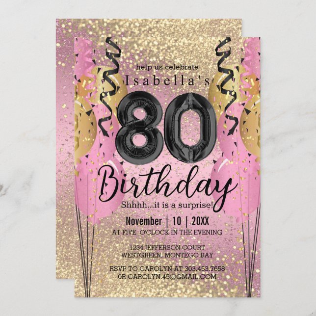 Pink and Gold Glitter 80th Birthday  Invitation (Front/Back)