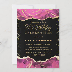 Pink and Gold Glitter Agate Birthday Party Invitation
