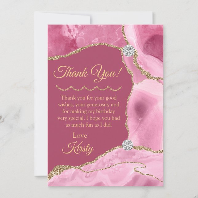 Pink and Gold Glitter Agate Birthday Thank You Card (Front)