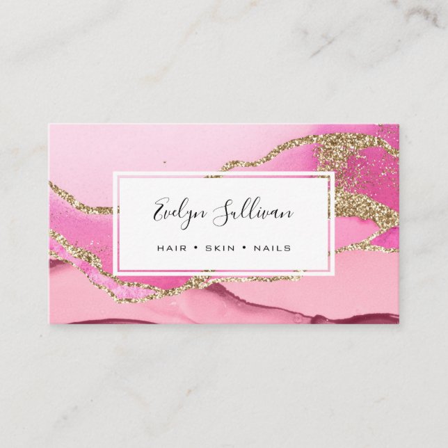 pink and gold glitter agate business card (Front)