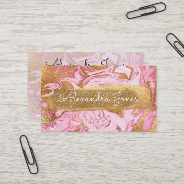 Pink and Gold Glitter and Sparkle Marble Business Card (Front/Back In Situ)