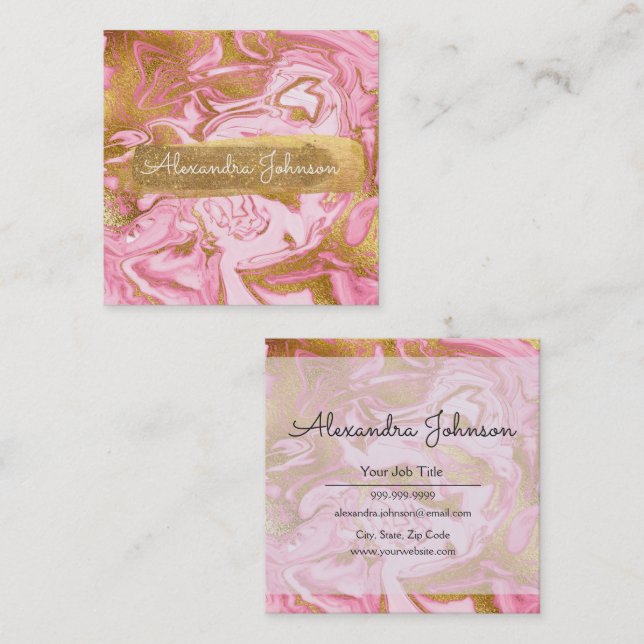 Pink and Gold Glitter and Sparkle Marble Square Business Card (Front/Back)
