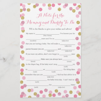 Pink and Gold Glitter Baby Shower Advice Game Card