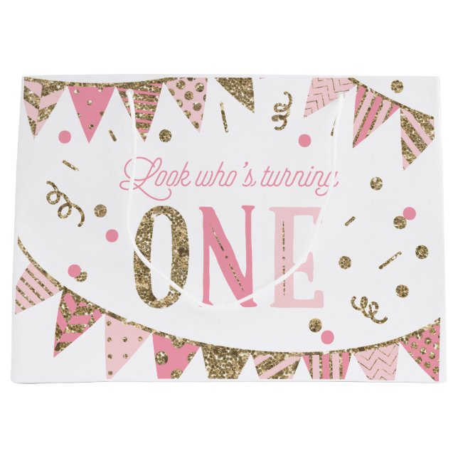 Pink and Gold Glitter Banner First Birthday Large Gift Bag (Front)