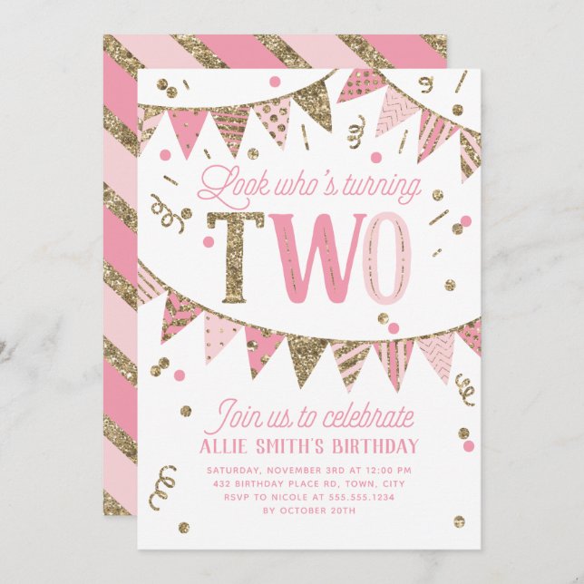 Pink and Gold Glitter Banner Second Birthday Party Invitation (Front/Back)
