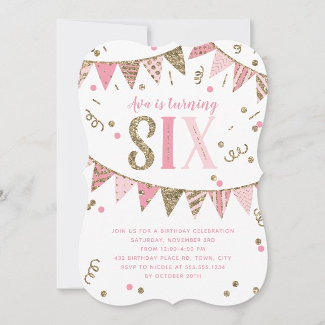 Pink and Gold Glitter Banner Sixth Birthday Party Invitation (Front)