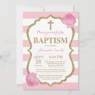 Pink and Gold Glitter Baptism Invitation