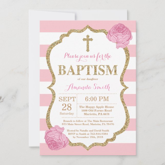 Pink and Gold Glitter Baptism Invitation (Front)