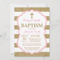 Pink and Gold Glitter Baptism Invitation