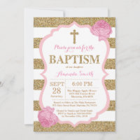 Pink and Gold Glitter Baptism Invitation