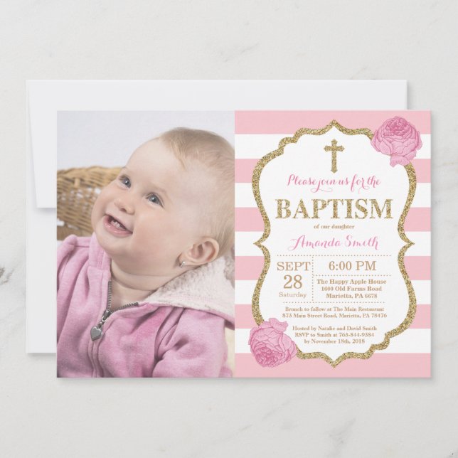 Pink and Gold Glitter Baptism Invitation (Front)