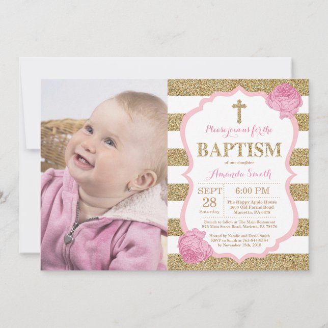 Pink and Gold Glitter Baptism Invitation (Front)