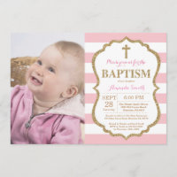 Pink and Gold Glitter Baptism Invitation