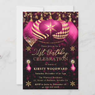 Pink and Gold Glitter Baubles 21st Birthday Invitation