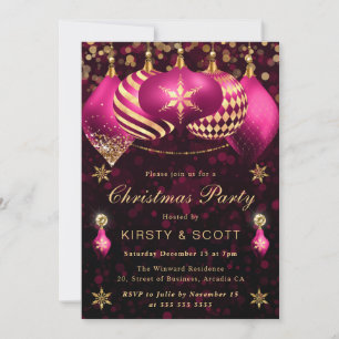 Pink and Gold Glitter Baubles Christmas Party Invitation