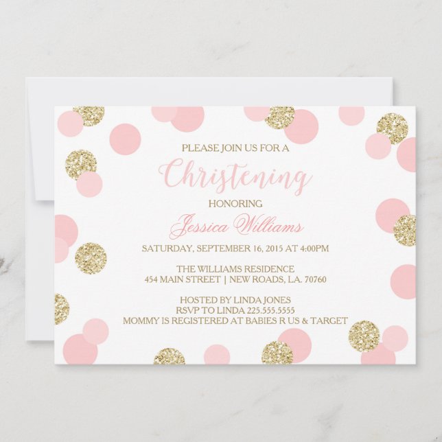 Pink and Gold Glitter Christening Invites (Front)